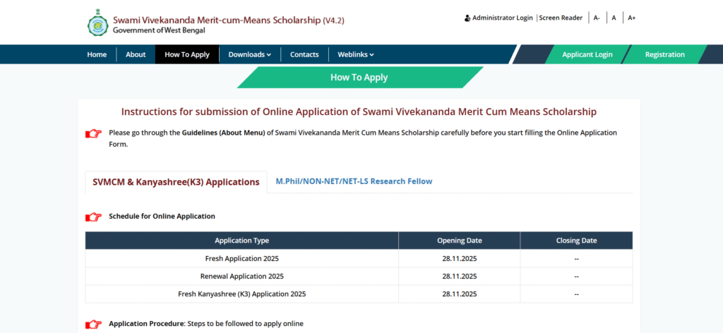 Application Process of Swami Vivekananda Merit-cum-Means Scholarship 2025
